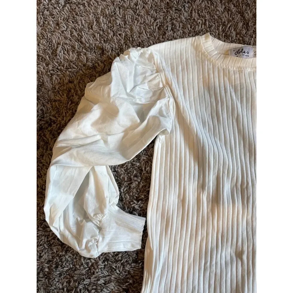 NWOT Lola and the Boys White Long Sleeve Ribbed Puff Sleeve Shirt Size 10